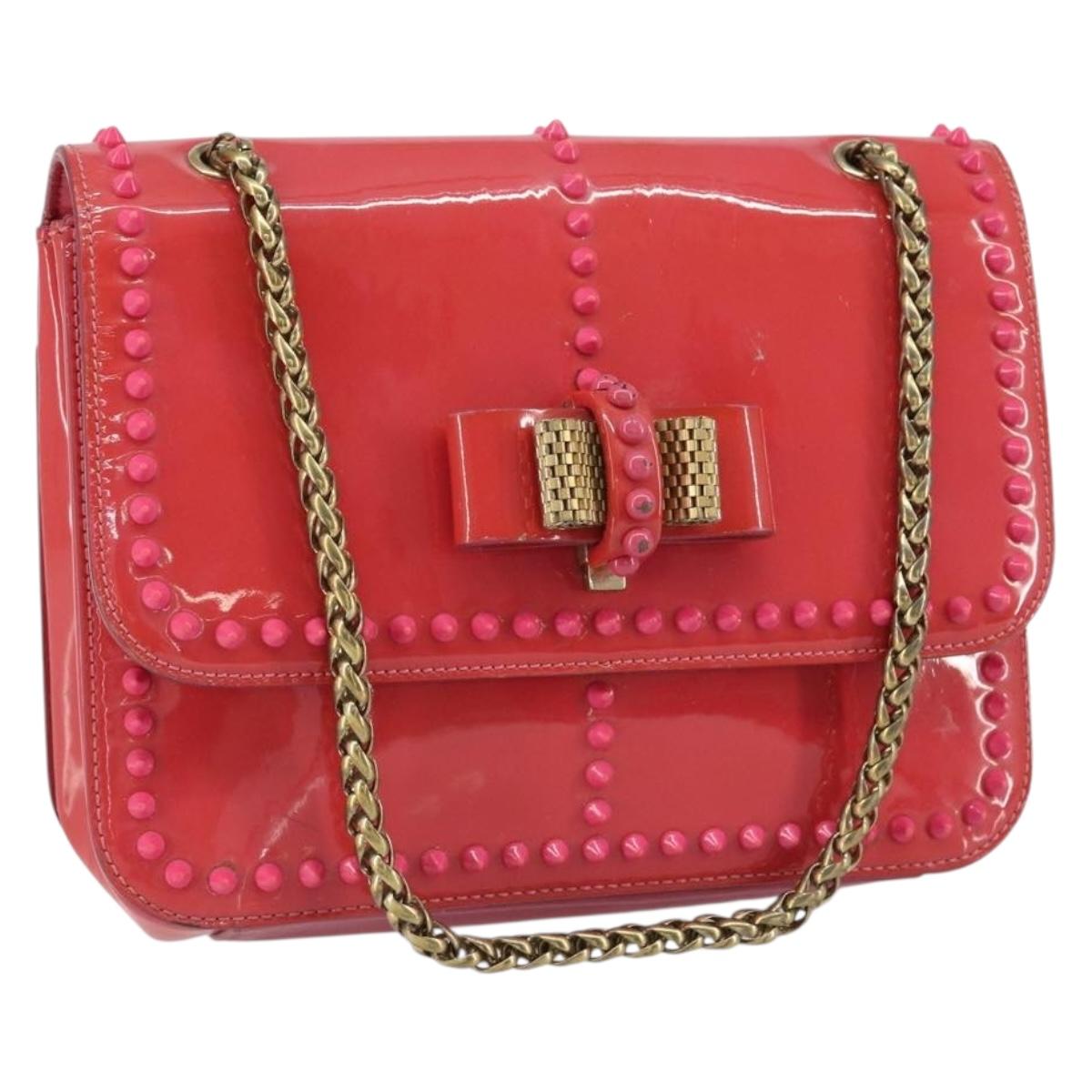 Christian Louboutin Studs Chain Shoulder Bag Enamel Pink Gold Auth bs30823