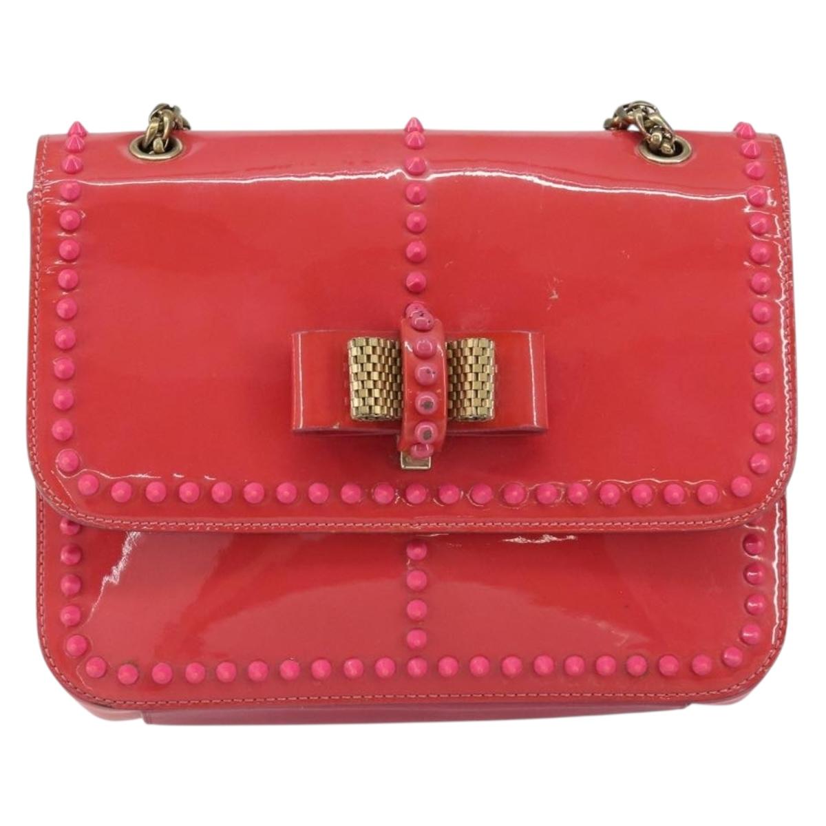 Christian Louboutin Studs Chain Shoulder Bag Enamel Pink Gold Auth bs30823