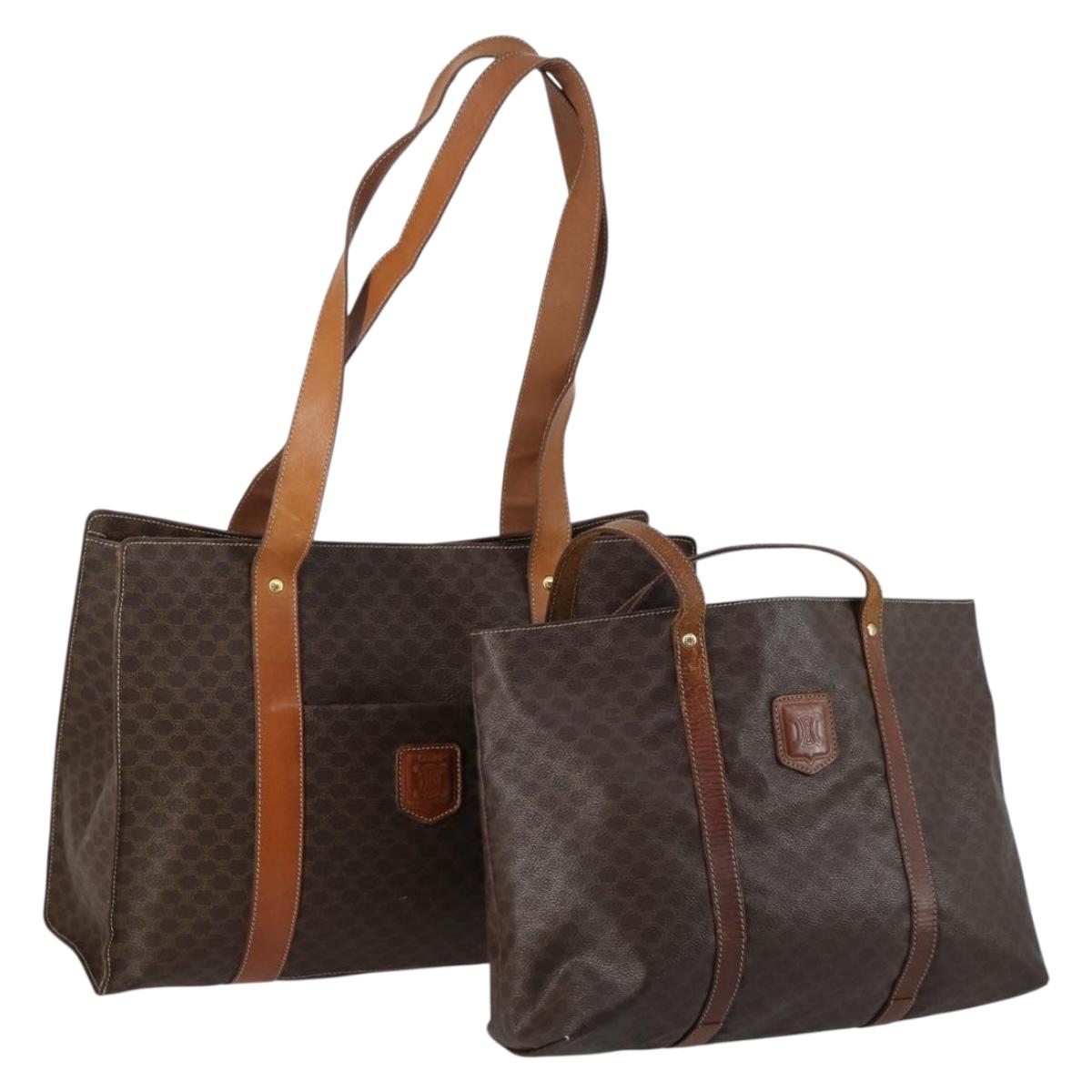 CELINE Macadam Canvas Tote Bag PVC Leather 2 Set Brown Auth bs30852