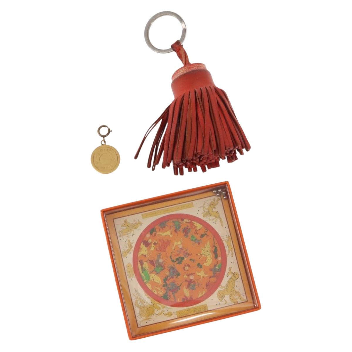 HERMES Charm Metal Leather 3 Set Red Gold Silver Auth bs30857