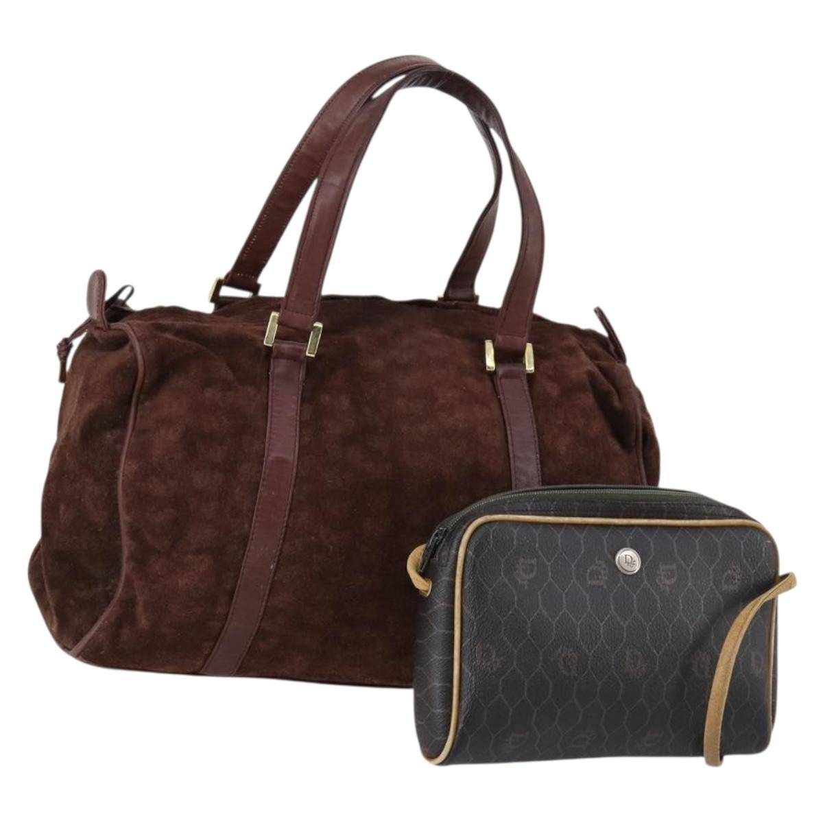 Christian Dior BOTTEGA VENETA Hand Bag Suede PVC 2 Set Brown Gold Auth bs30859