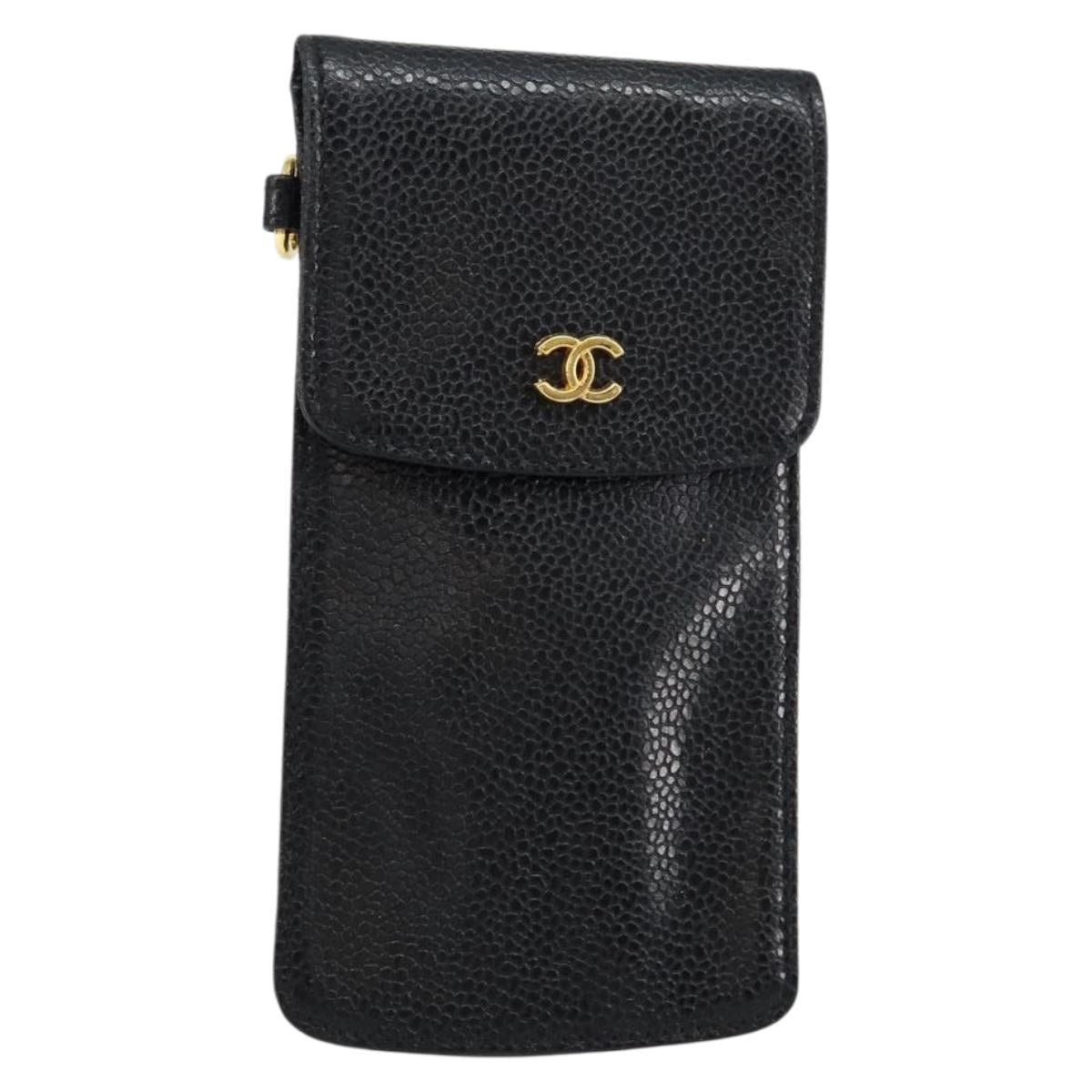 CHANEL COCO Mark Pouch Caviar Skin Black Gold CC Auth bs30918