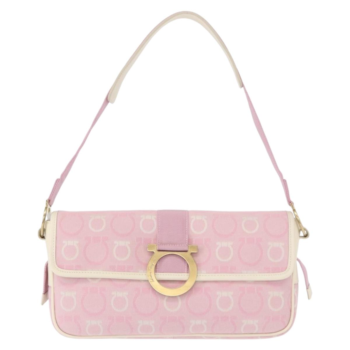 Salvatore Ferragamo Gancini Shoulder Bag Canvas Pink Gold Auth bs30965