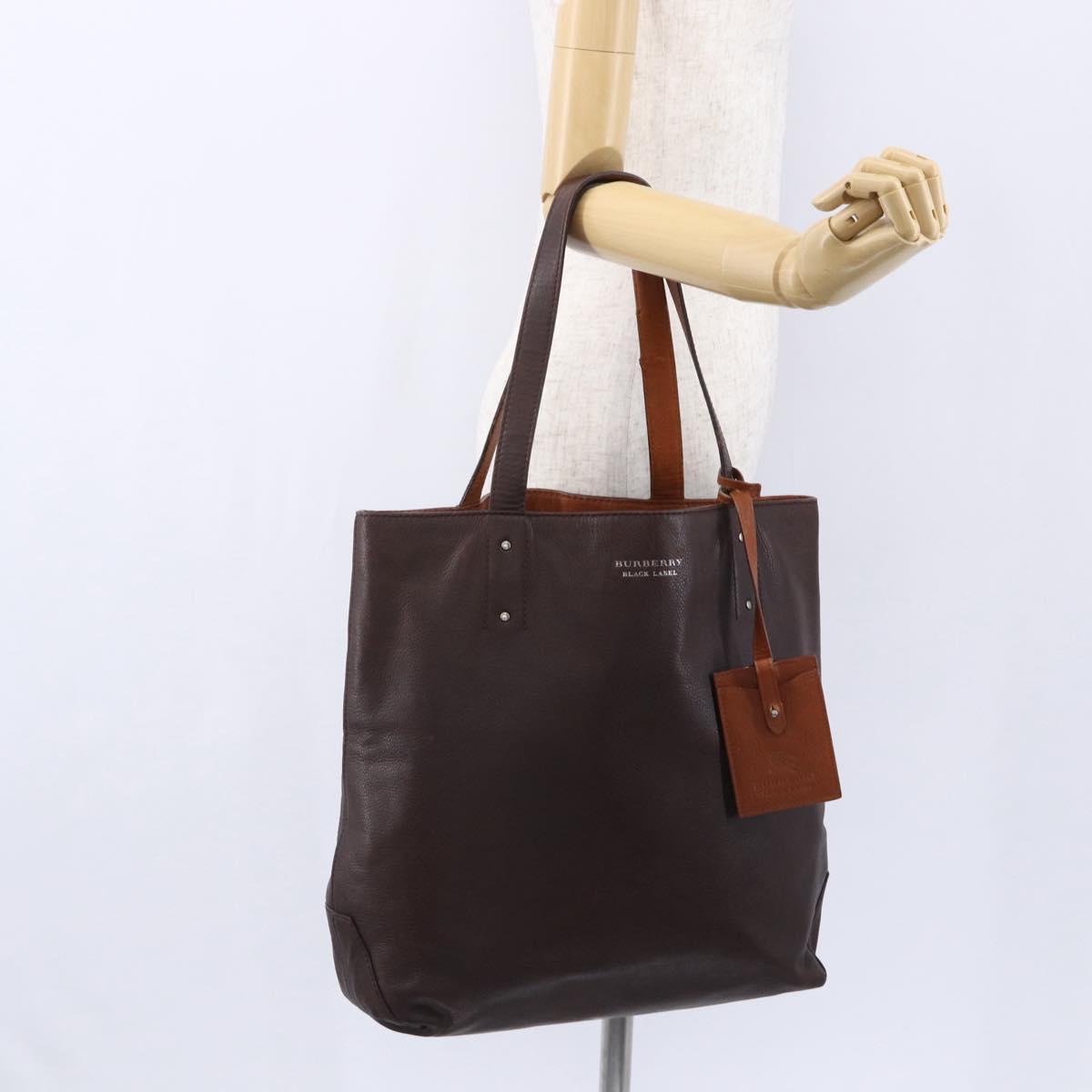BURBERRY Black Label Tote Bag Leather Brown Silver Auth bs30984