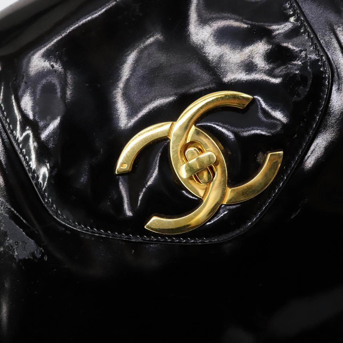 CHANEL Shoulder Bag Enamel Black Gold CC Auth bs30987