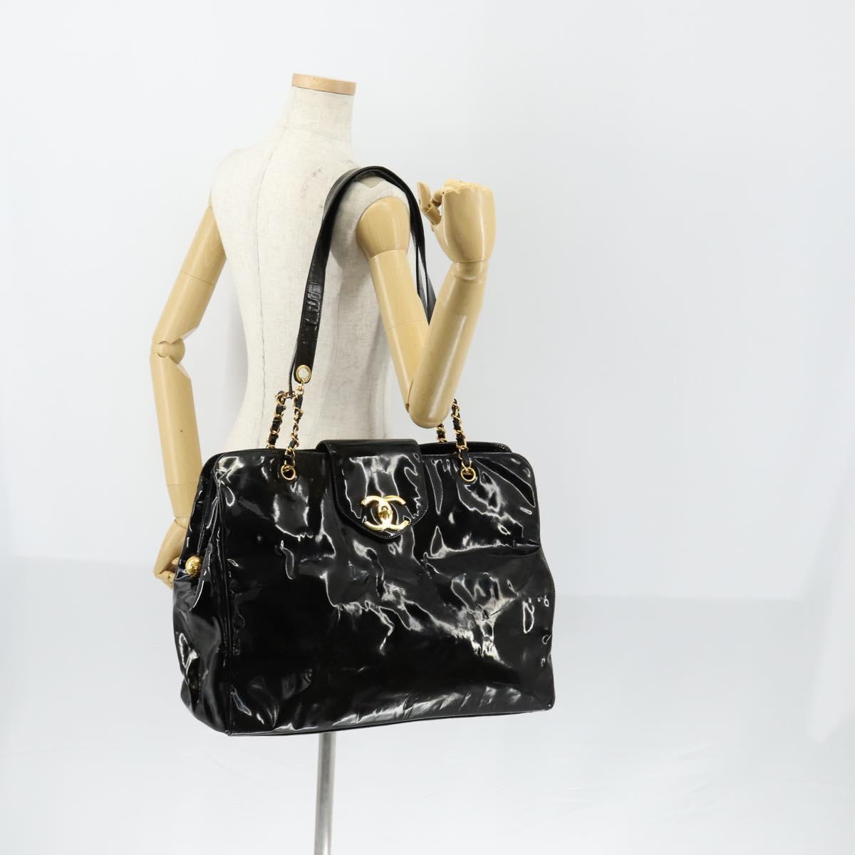 CHANEL Shoulder Bag Enamel Black Gold CC Auth bs30987