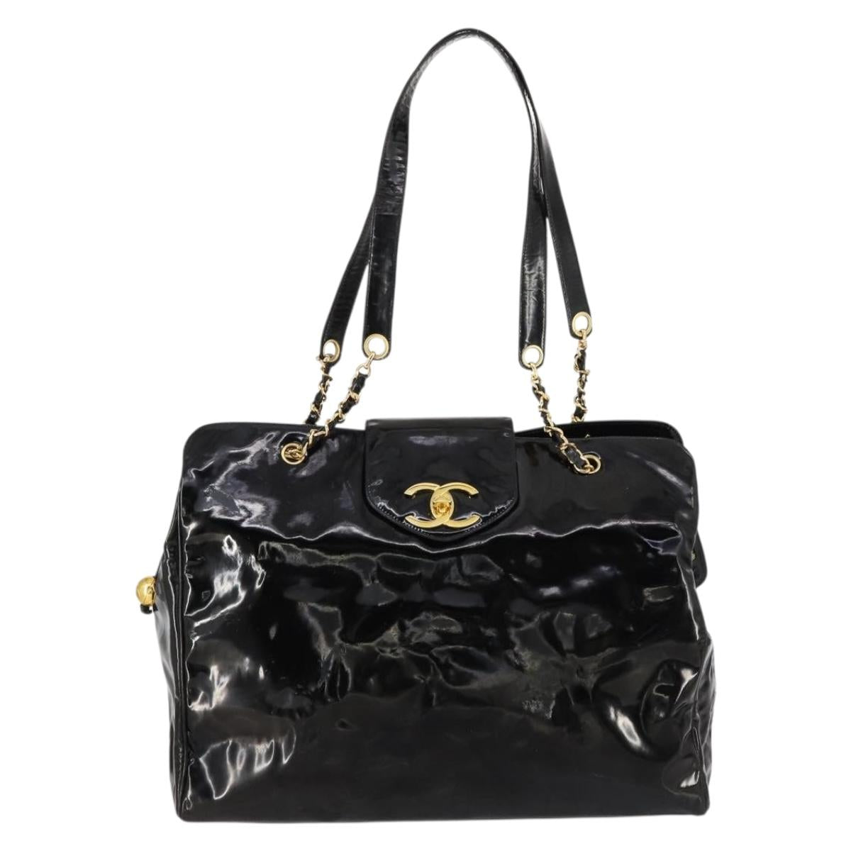 CHANEL Shoulder Bag Enamel Black Gold CC Auth bs30987