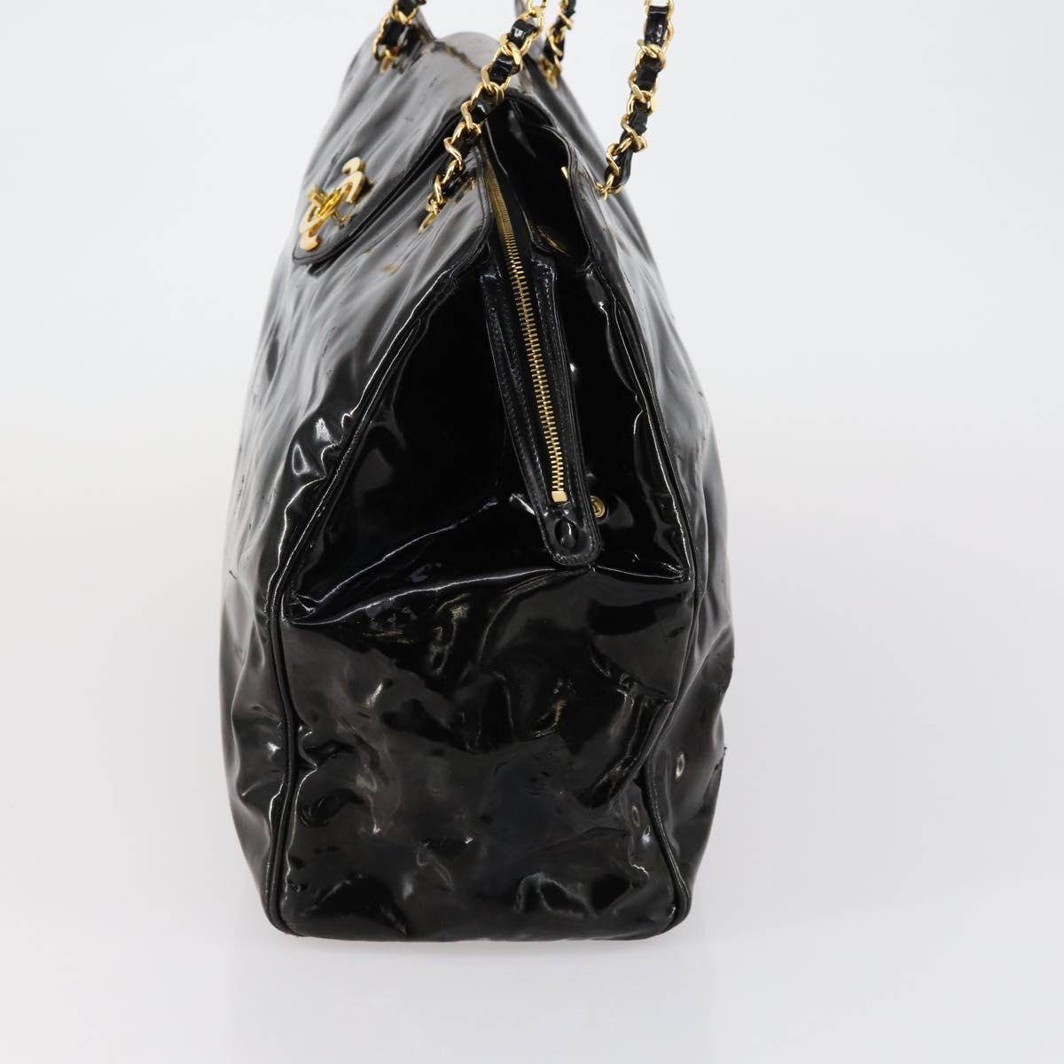 CHANEL Shoulder Bag Enamel Black Gold CC Auth bs30987