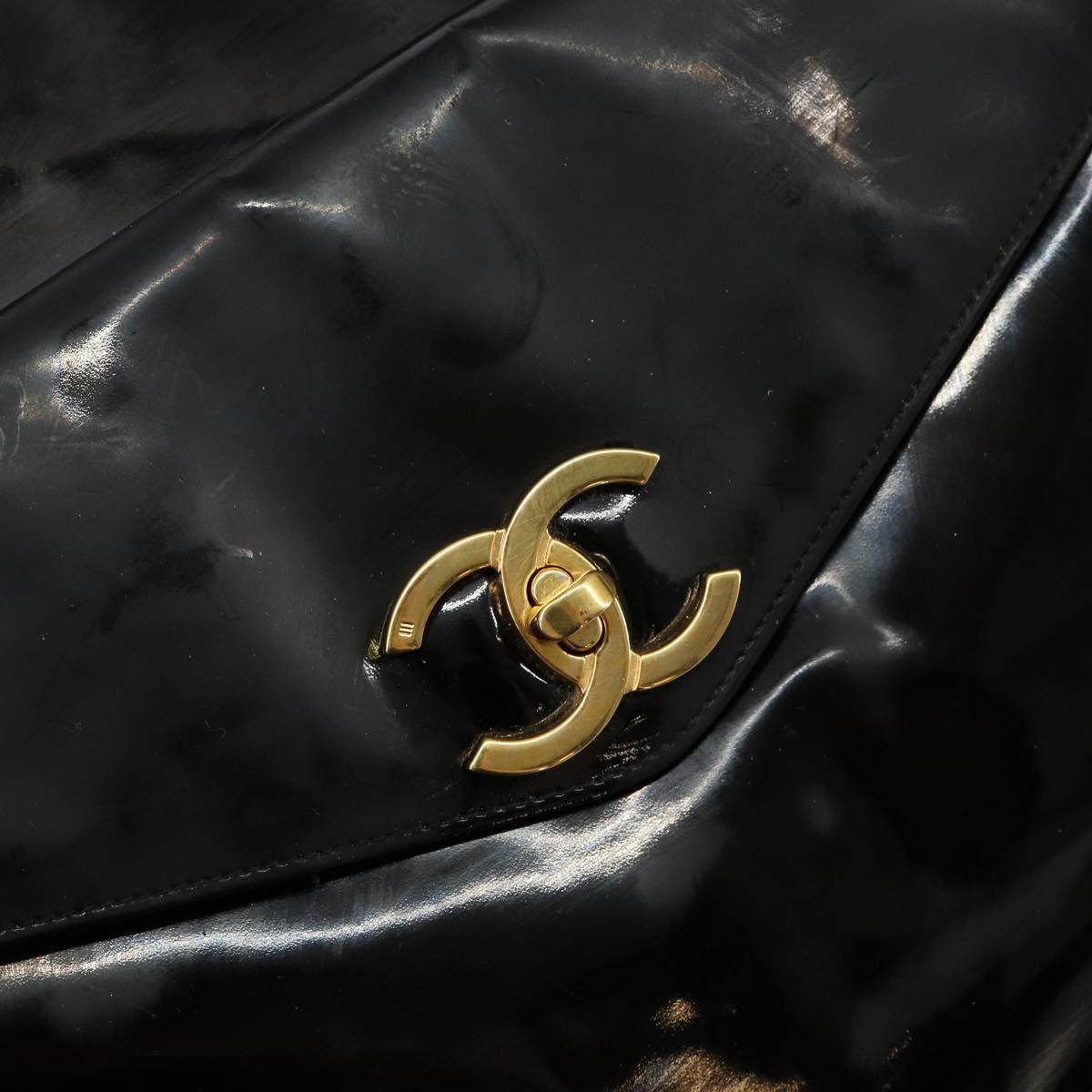 CHANEL Shoulder Bag Enamel Black Gold CC Auth bs30988