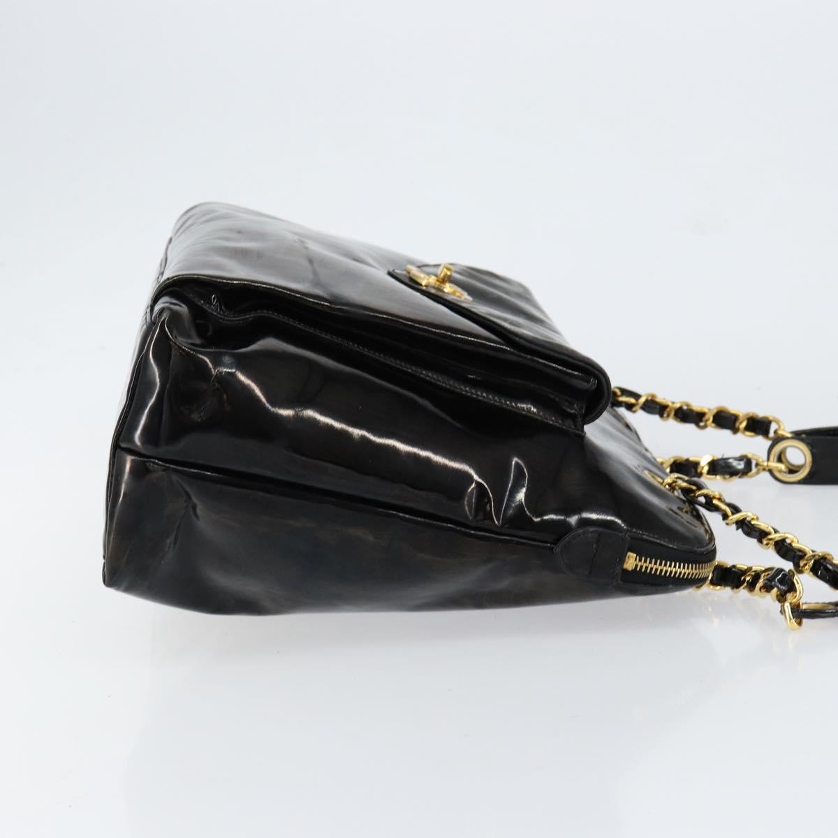 CHANEL Shoulder Bag Enamel Black Gold CC Auth bs30988