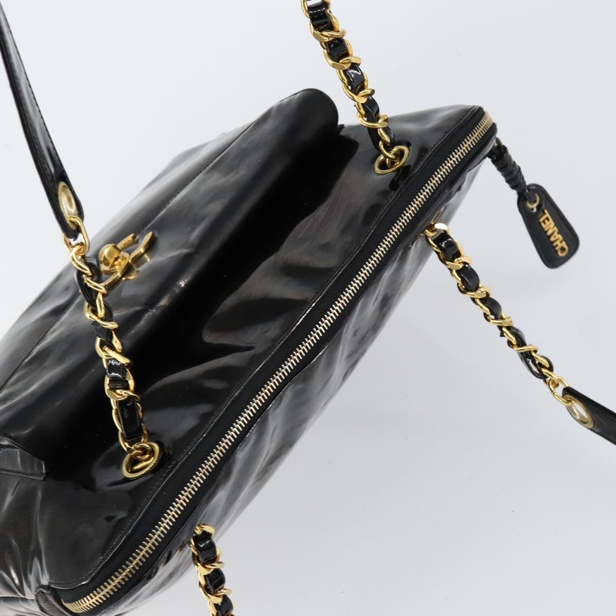 CHANEL Shoulder Bag Enamel Black Gold CC Auth bs30988