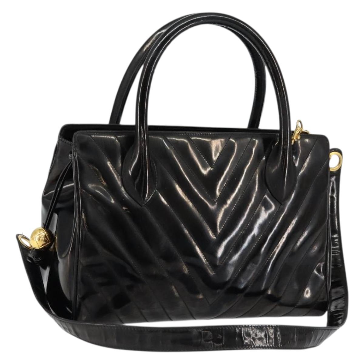 CHANEL V Stitch Hand Bag Enamel 2way Black Gold CC Auth bs30989