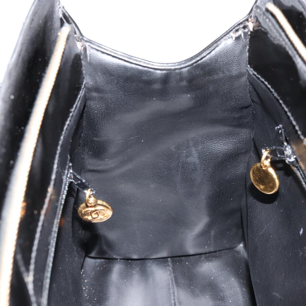 CHANEL V Stitch Hand Bag Enamel 2way Black Gold CC Auth bs30989