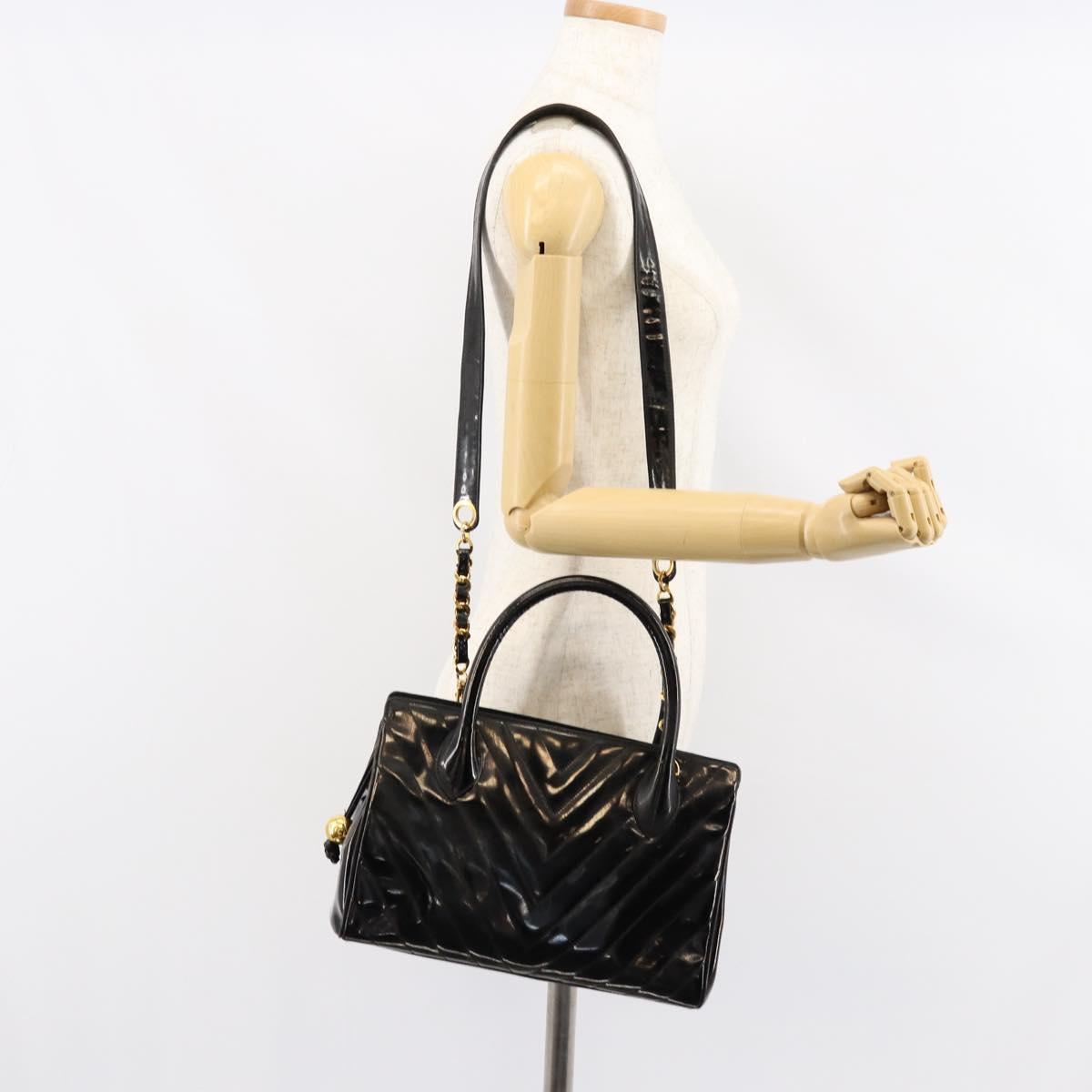 CHANEL V Stitch Hand Bag Enamel 2way Black Gold CC Auth bs30989