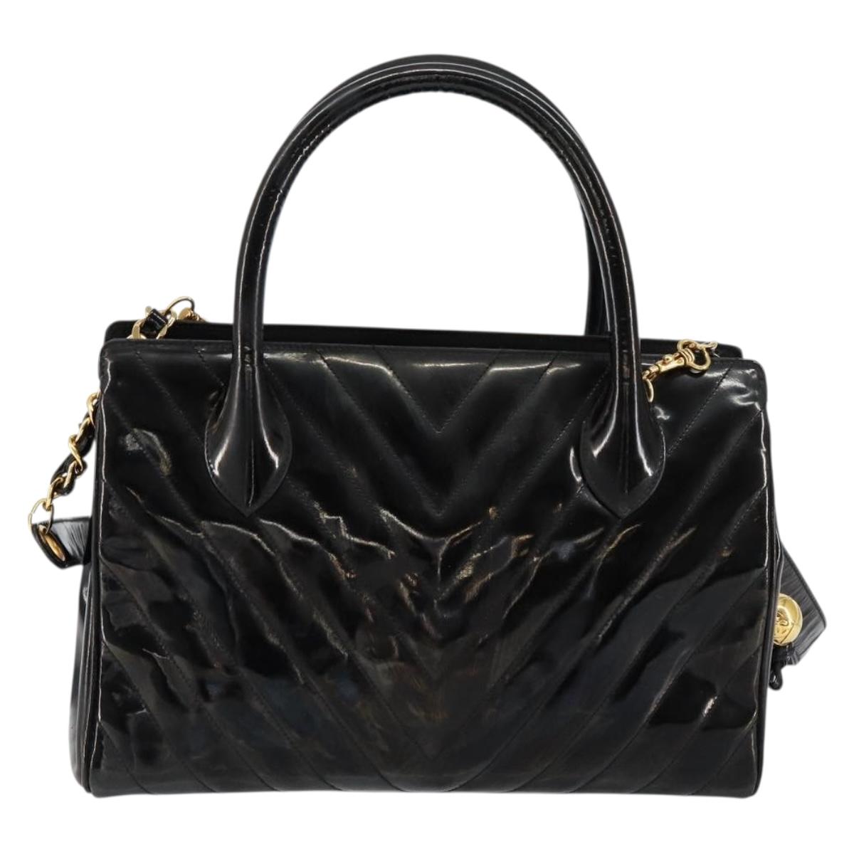 CHANEL V Stitch Hand Bag Enamel 2way Black Gold CC Auth bs30989