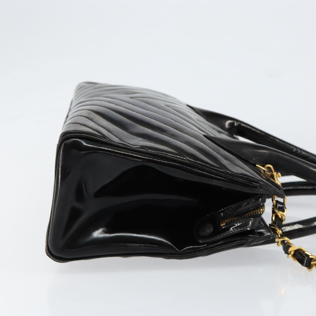 CHANEL V Stitch Hand Bag Enamel 2way Black Gold CC Auth bs30989