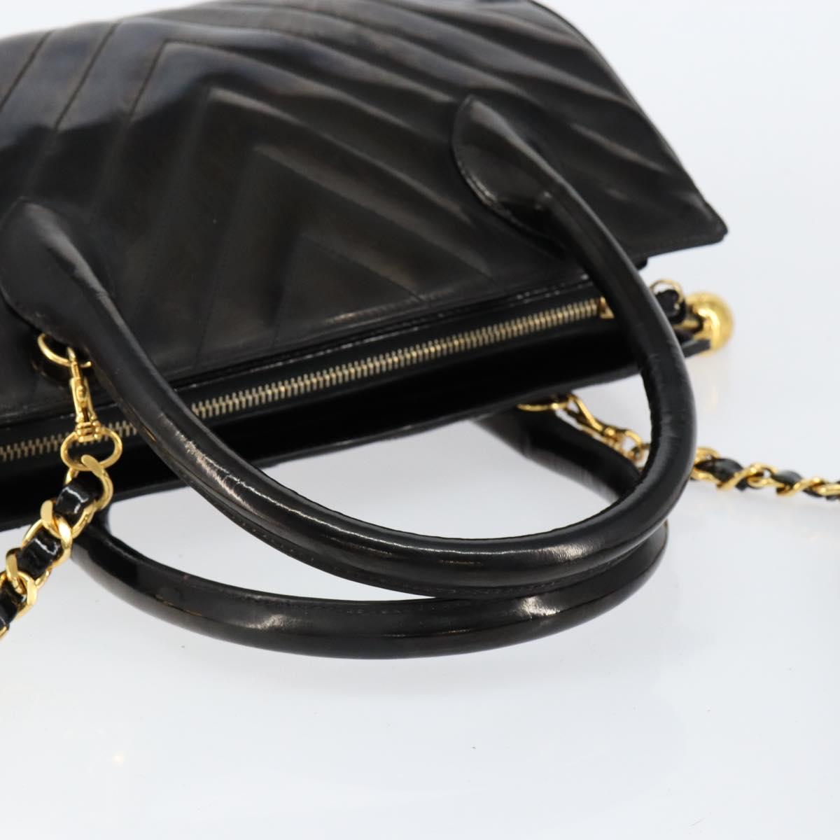 CHANEL V Stitch Hand Bag Enamel 2way Black Gold CC Auth bs30989