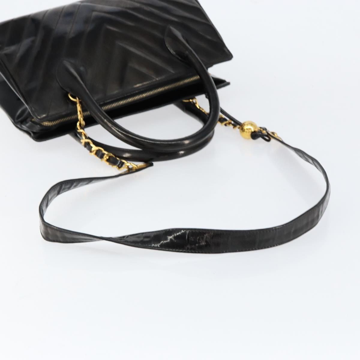 CHANEL V Stitch Hand Bag Enamel 2way Black Gold CC Auth bs30989