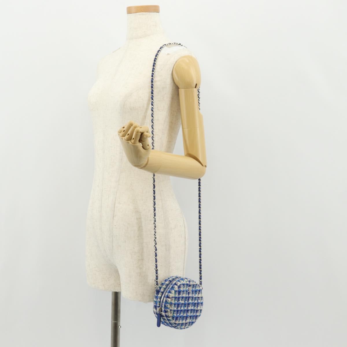 CHANEL Chain Shoulder Bag Tweed Blue Silver CC Auth bs30994V