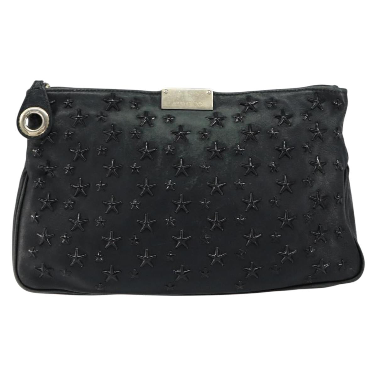 Jimmy Choo Studs Clutch Bag Leather Black Gold Auth bs30999