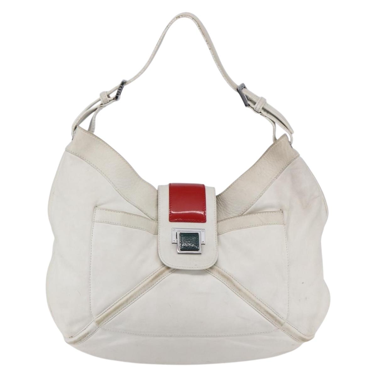 LOEWE Anagram Shoulder Bag Leather White Silver Auth bs31002