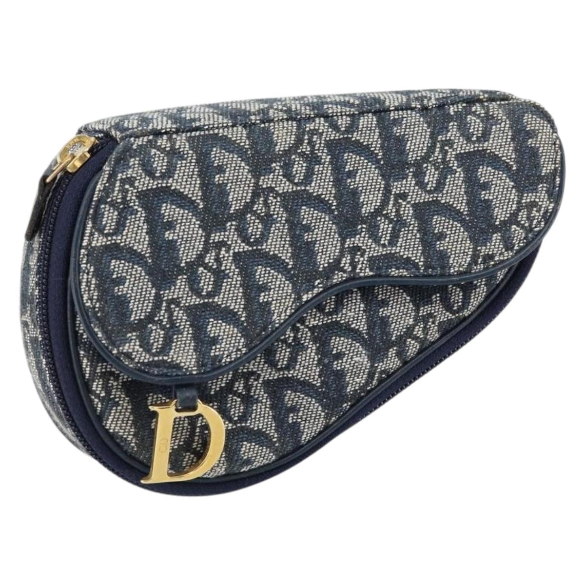 Christian Dior Trotter Canvas Saddle Pouch Navy Gold Auth bs31031
