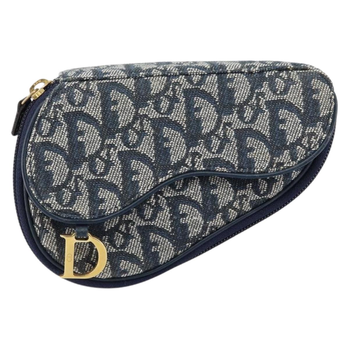 Christian Dior Trotter Canvas Saddle Pouch Navy Gold Auth bs31031