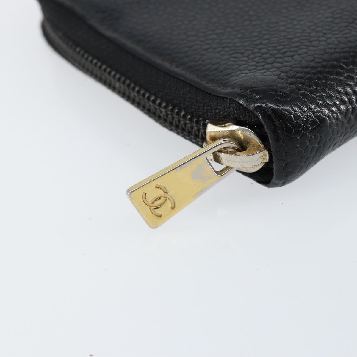 CHANEL COCO Mark Long Wallet Caviar Skin Black Silver CC Auth bs31033