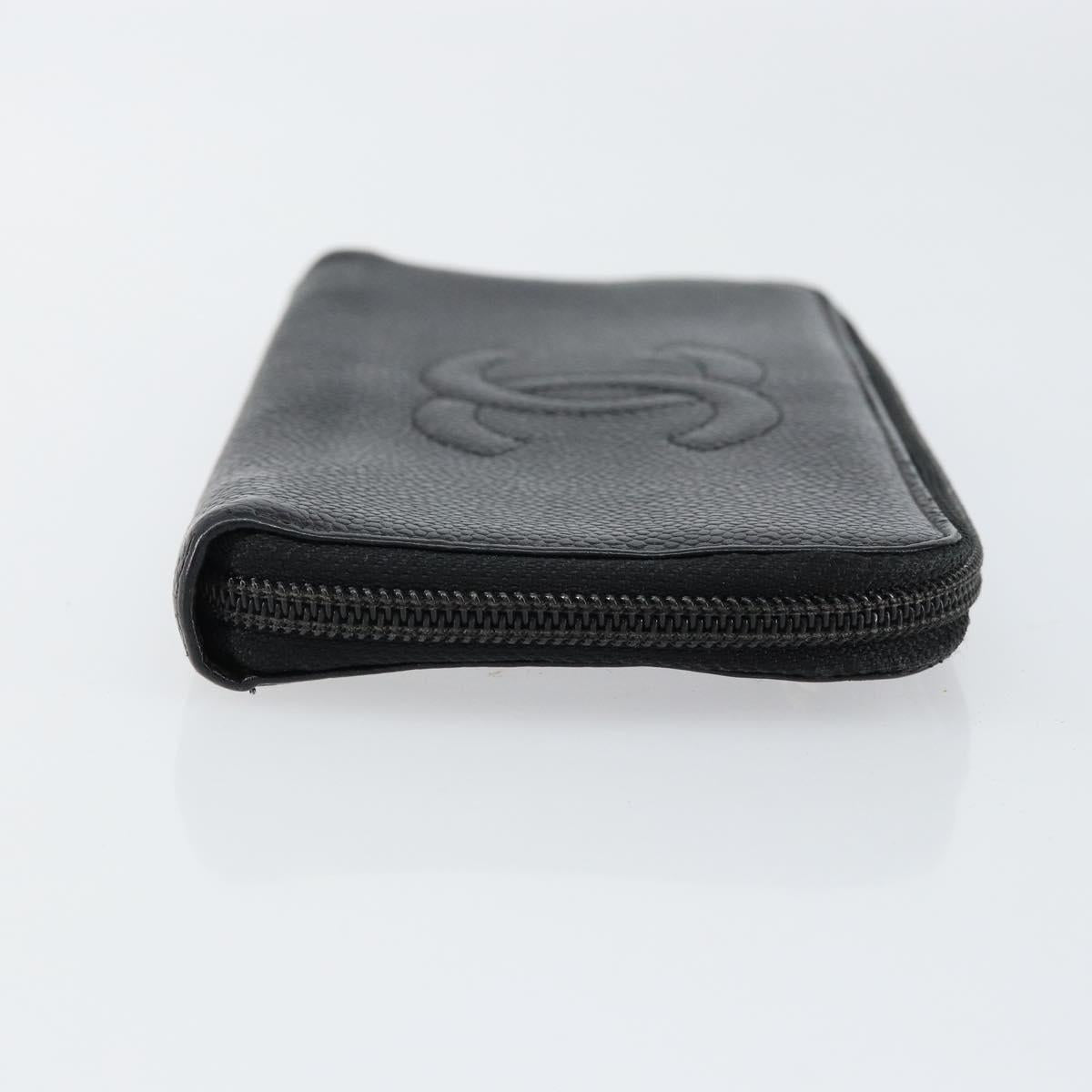 CHANEL COCO Mark Long Wallet Caviar Skin Black Silver CC Auth bs31033