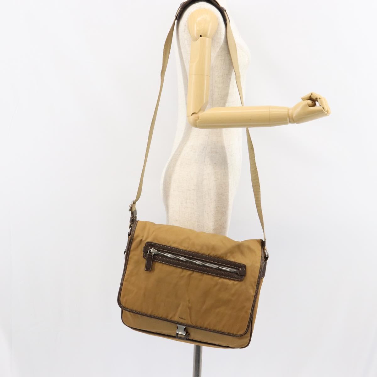 PRADA Shoulder Bag Nylon Beige Silver Auth bs31046