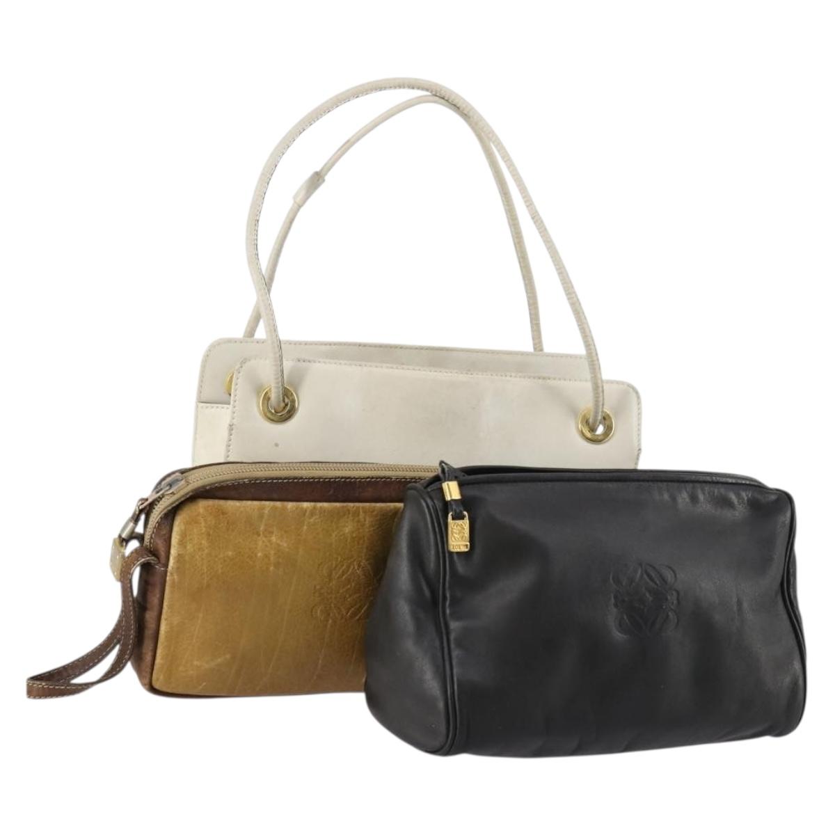 LOEWE Clutch Bag Leather 3 Set Beige Black Brown Auth bs31061