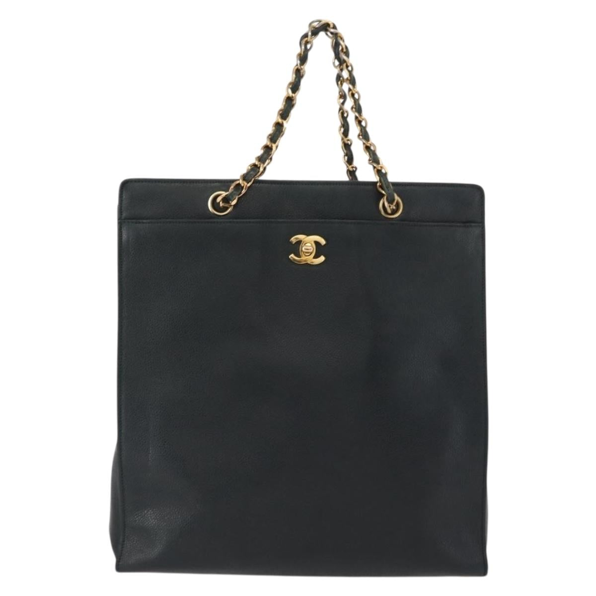 CHANEL Chain Hand Bag Caviar Skin Green Gold CC Auth bs31109