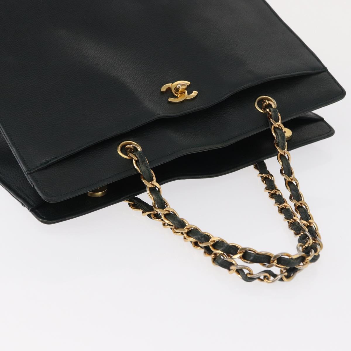 CHANEL Chain Hand Bag Caviar Skin Green Gold CC Auth bs31109
