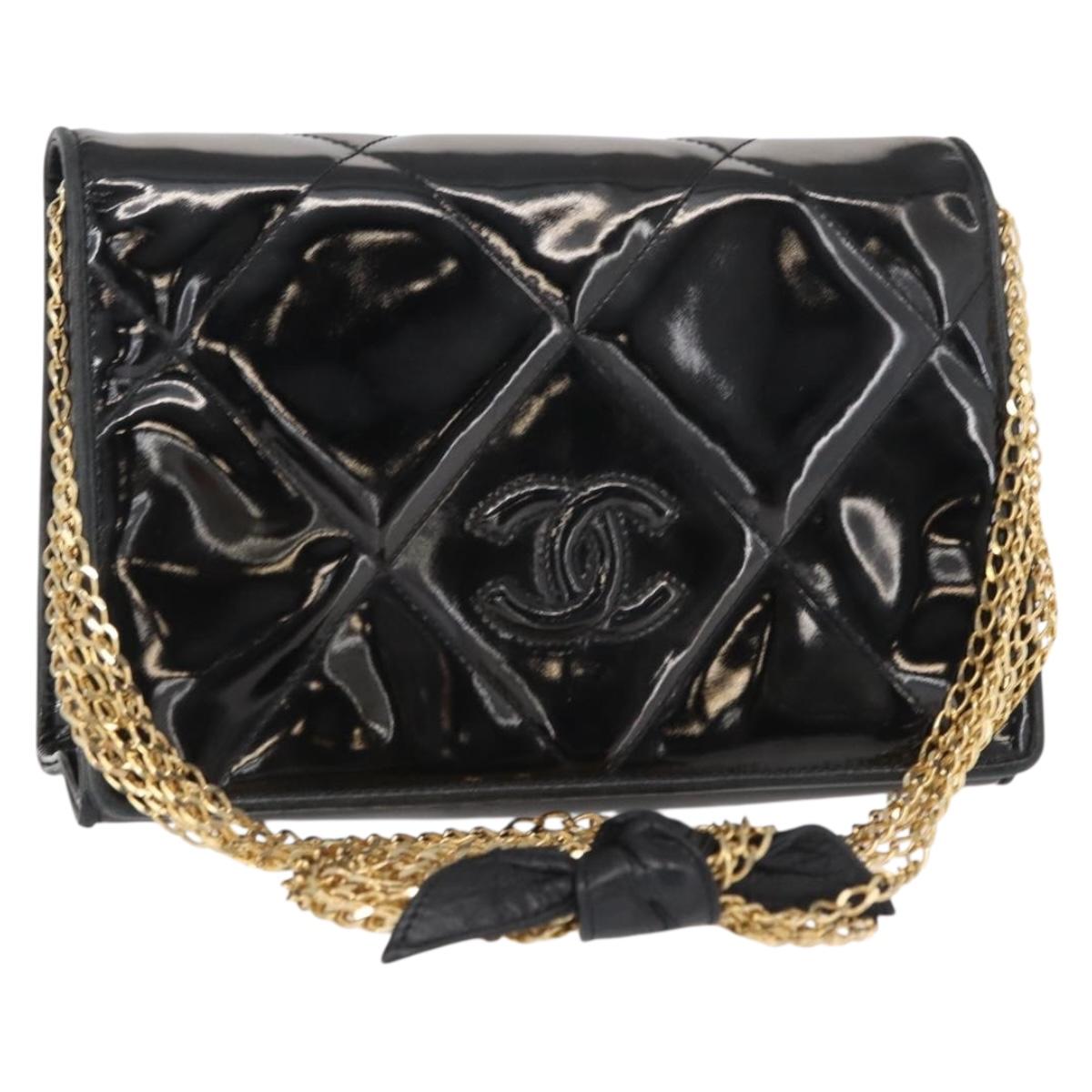 CHANEL Matelasse Chain Shoulder Bag Enamel Black Gold CC Auth bs31115