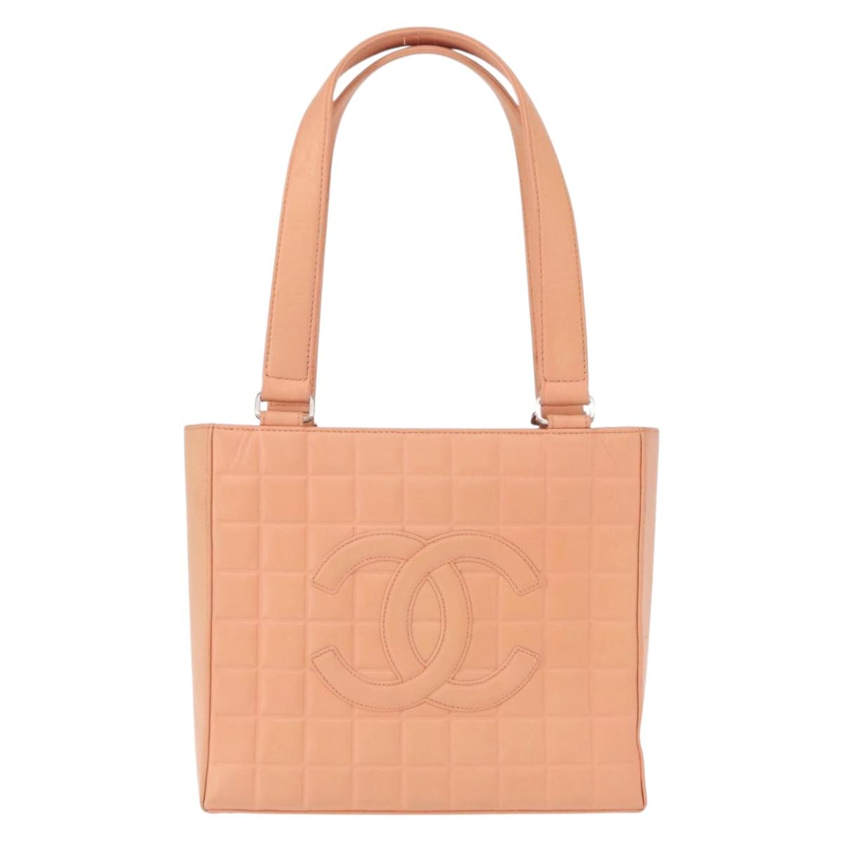 CHANEL Choco Bar Hand Bag Lamb Skin Beige CC Auth bs31118