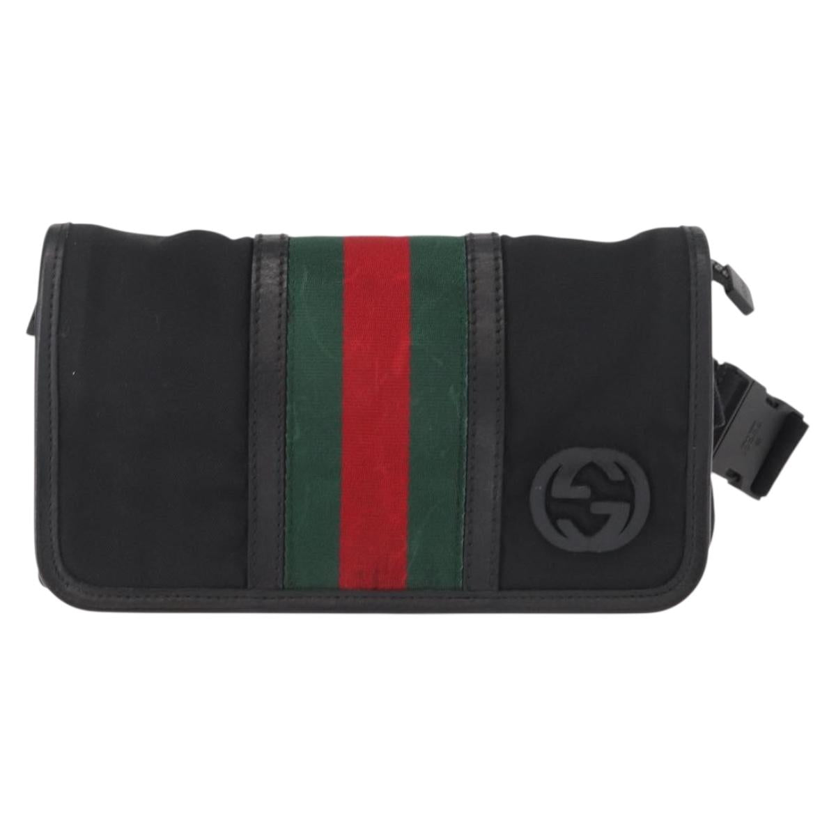 GUCCI Web Sherry Line Shoulder Bag Nylon Black Green 181064 Auth bs31135
