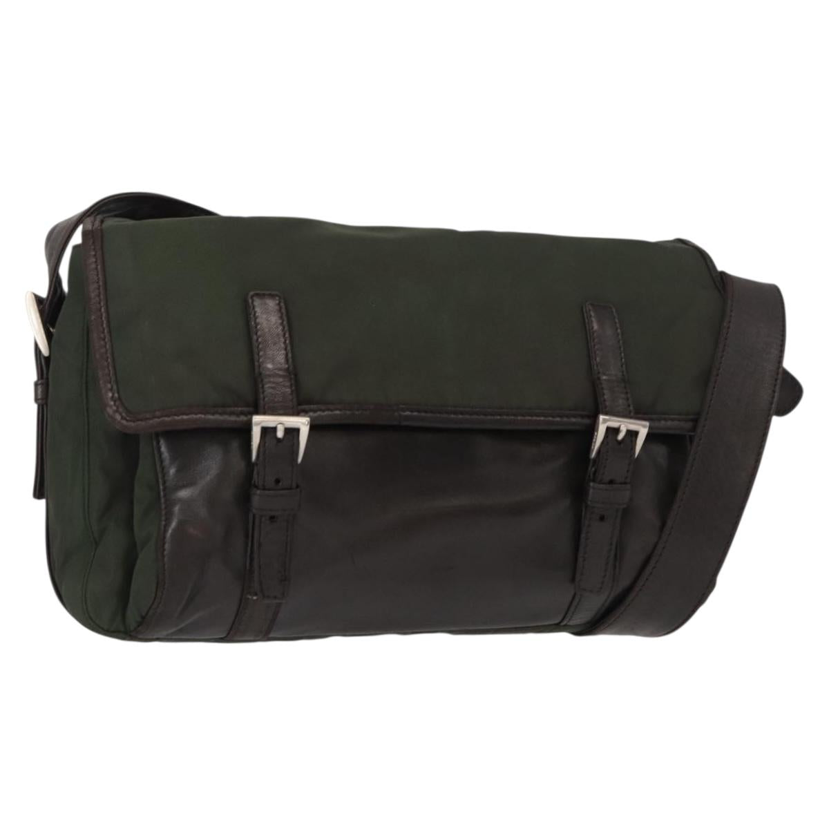 PRADA Shoulder Bag Nylon Leather Khaki Silver Auth bs31146