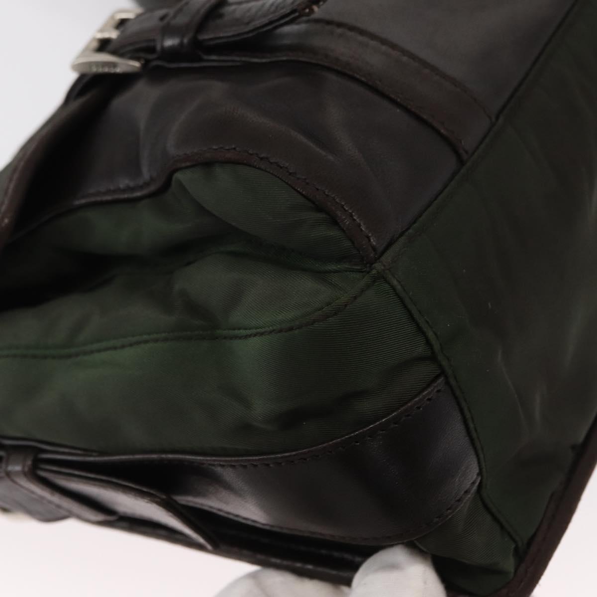 PRADA Shoulder Bag Nylon Leather Khaki Silver Auth bs31146