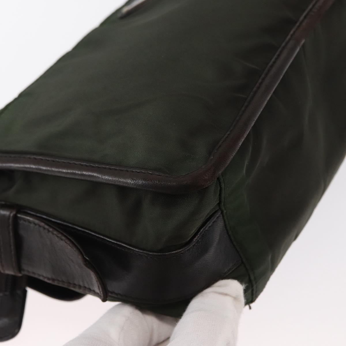 PRADA Shoulder Bag Nylon Leather Khaki Silver Auth bs31146