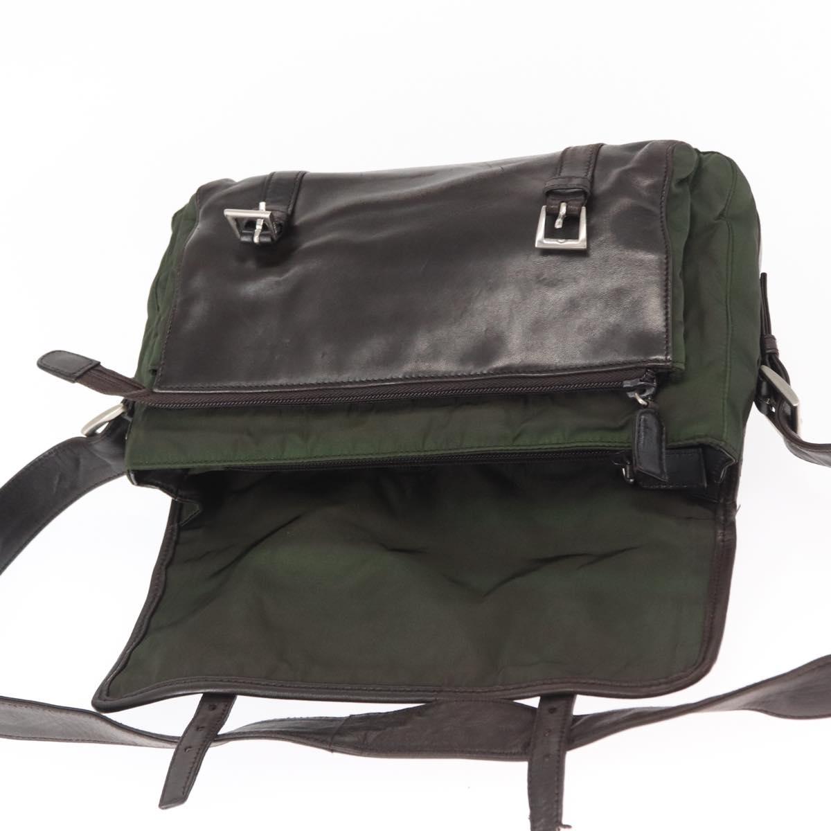 PRADA Shoulder Bag Nylon Leather Khaki Silver Auth bs31146