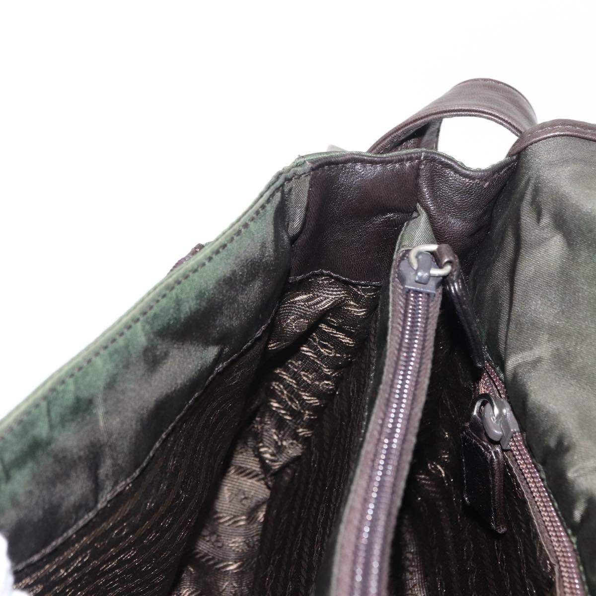 PRADA Shoulder Bag Nylon Leather Khaki Silver Auth bs31146