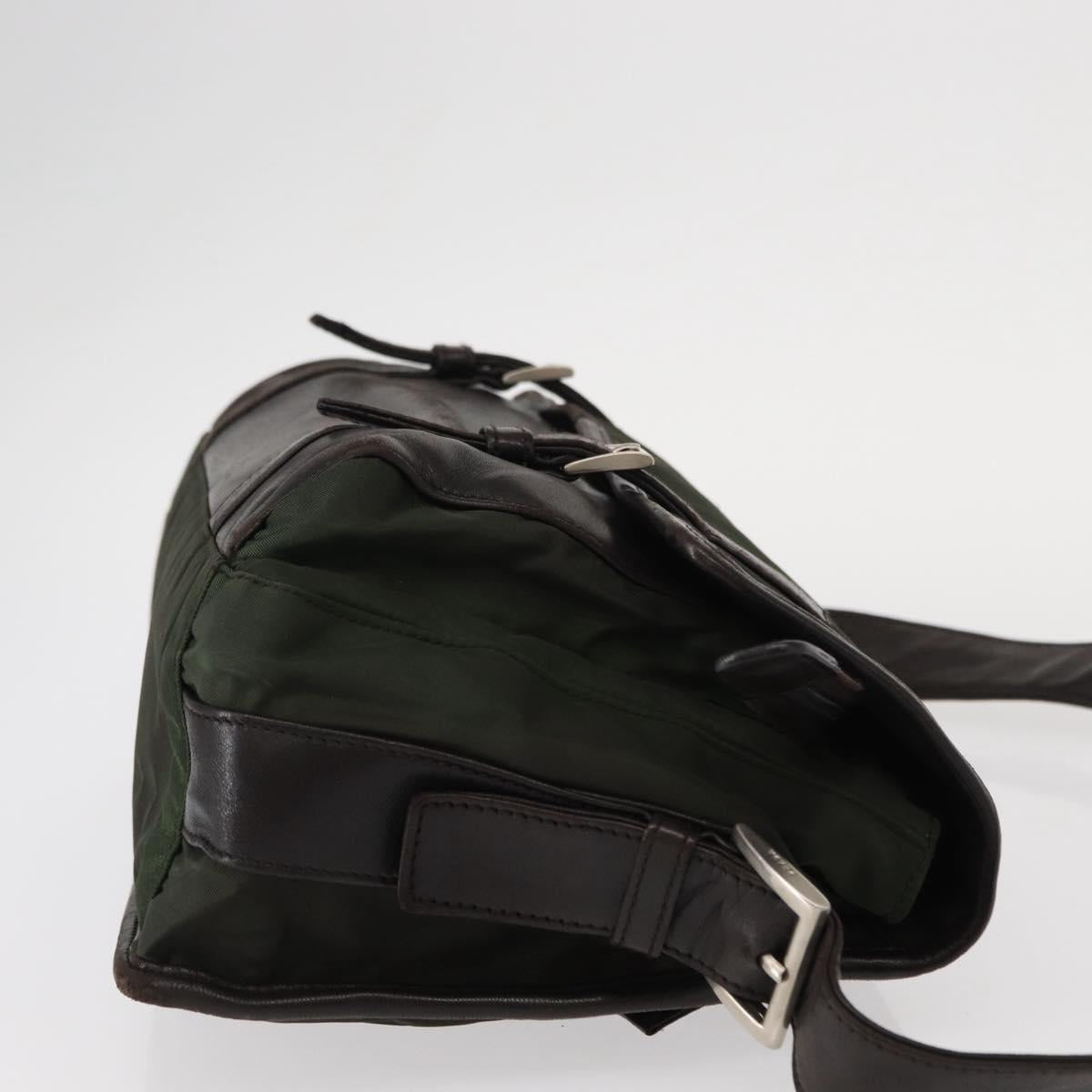 PRADA Shoulder Bag Nylon Leather Khaki Silver Auth bs31146