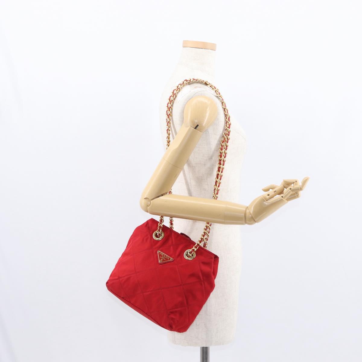 PRADA Chain Shoulder Bag Nylon Red Gold Auth bs31153