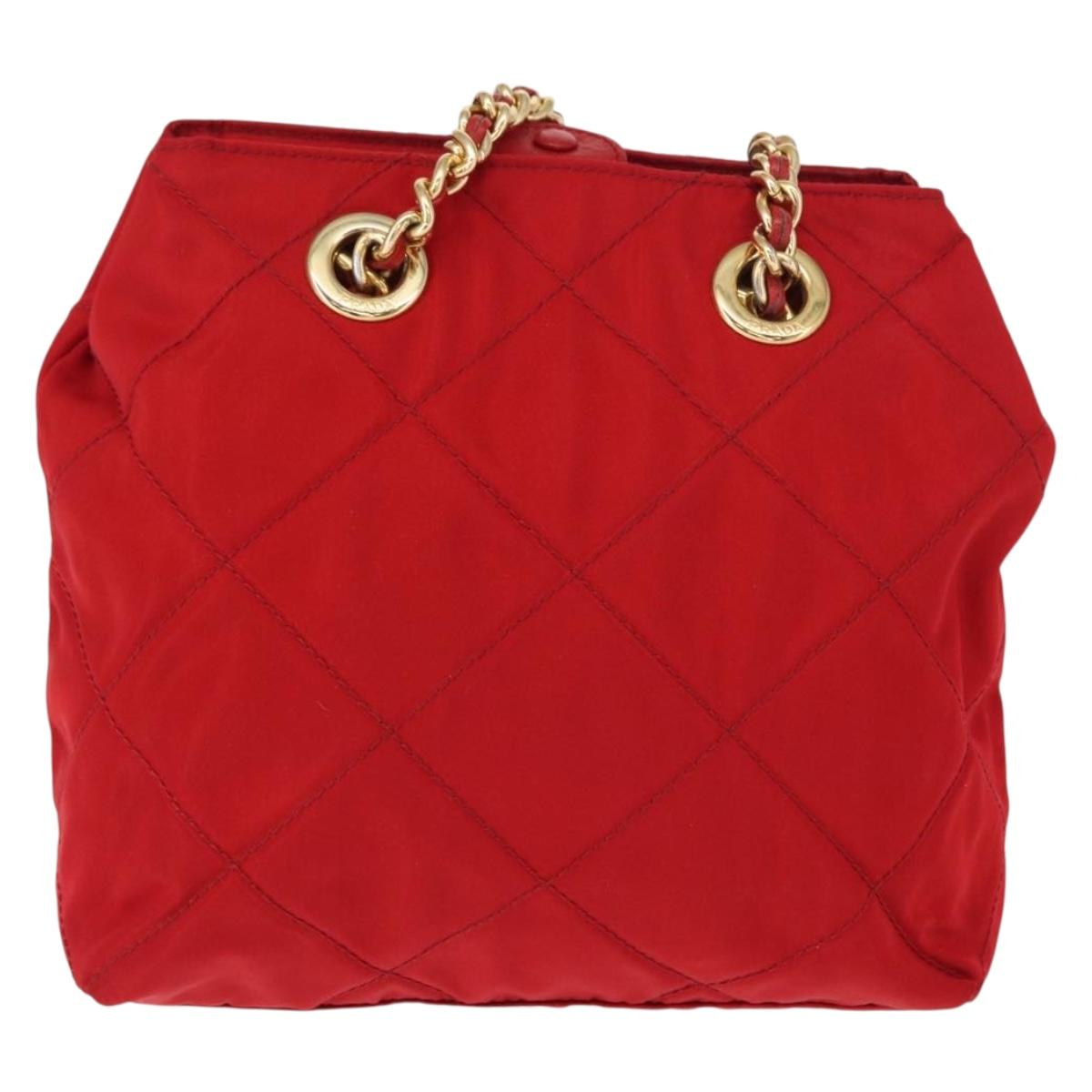 PRADA Chain Shoulder Bag Nylon Red Gold Auth bs31153