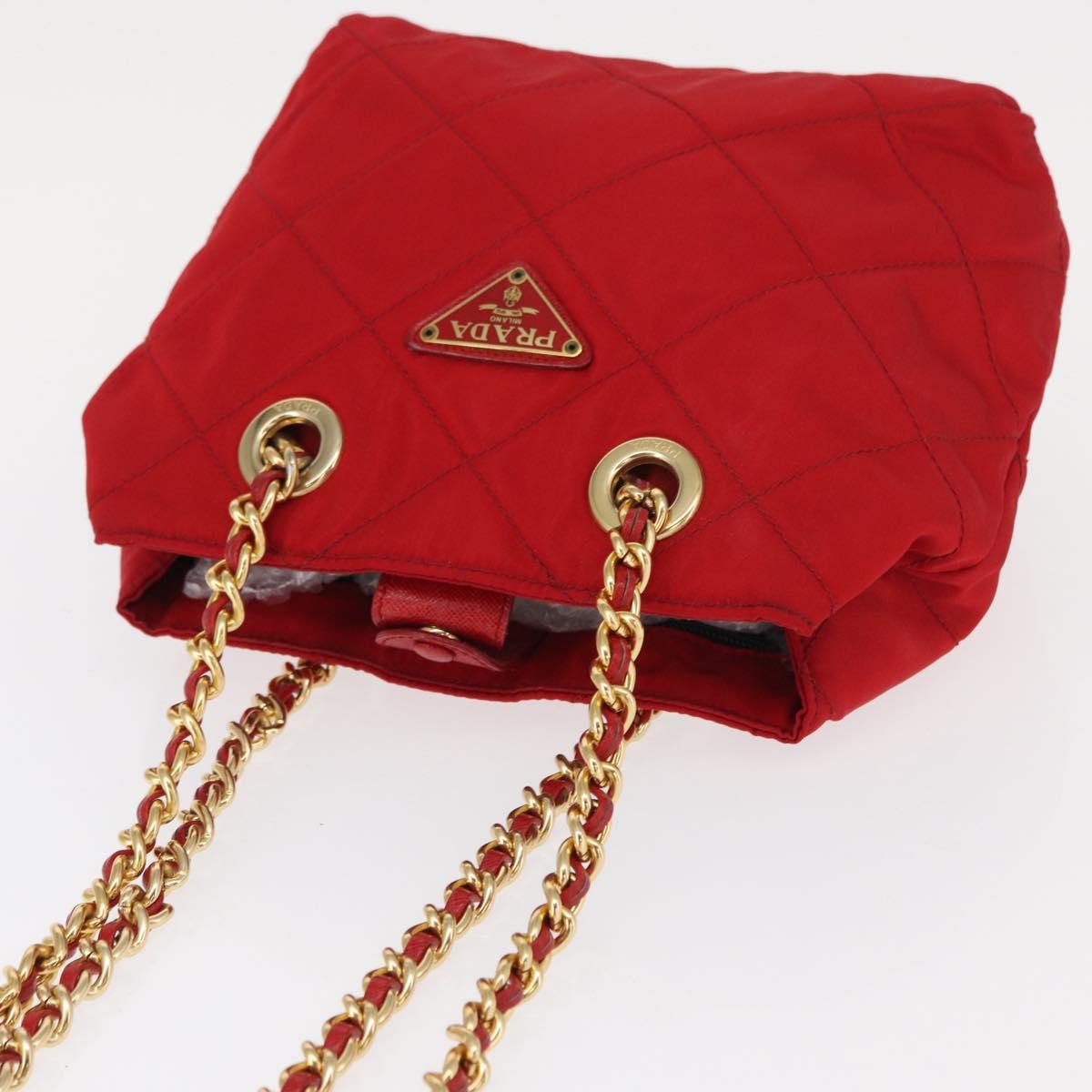 PRADA Chain Shoulder Bag Nylon Red Gold Auth bs31153