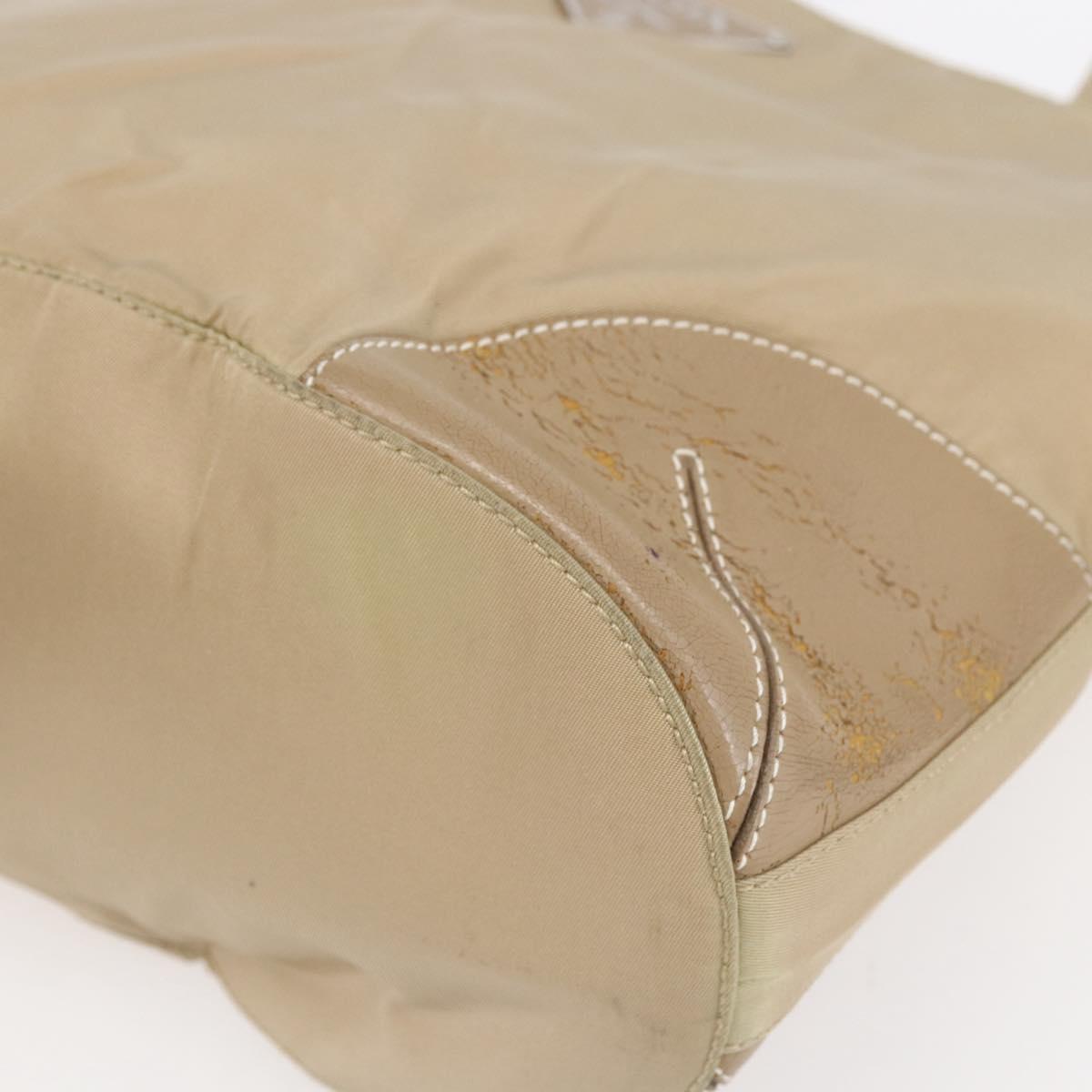 PRADA Tote Bag Nylon Leather Beige Silver Auth bs31154