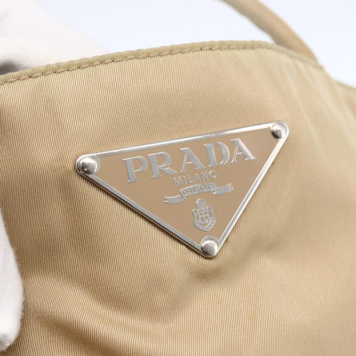 PRADA Tote Bag Nylon Leather Beige Silver Auth bs31154