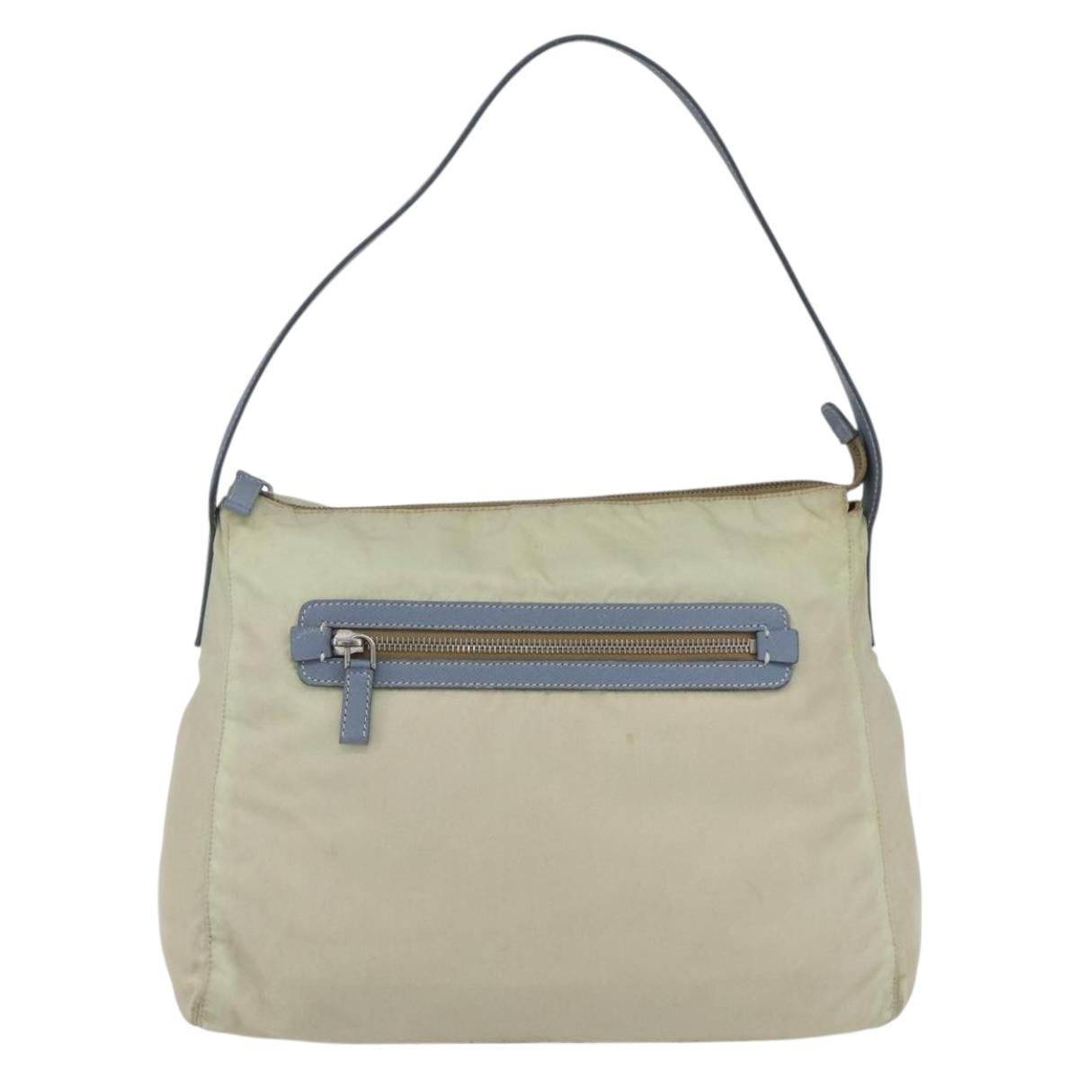 PRADA Shoulder Bag Nylon Leather Beige Silver Auth bs31155