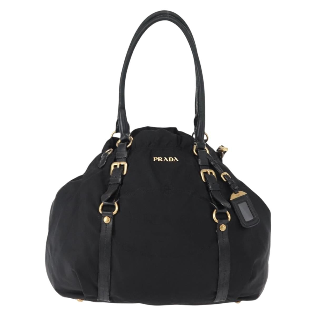 PRADA Tote Bag Nylon Leather 2way Black Gold Auth bs31167