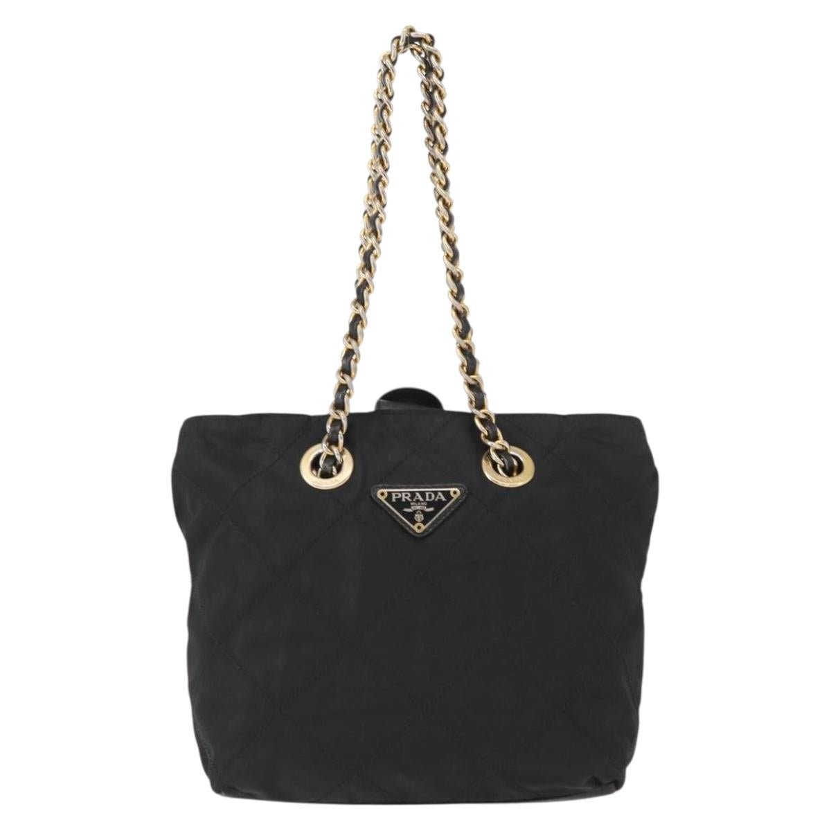 PRADA Chain Hand Bag Nylon Black Gold Auth bs31172